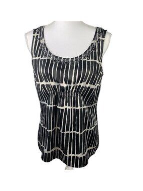 Ann Taylor Beaded Neckline Black White Striped Sleeveless Blouse Size 6
